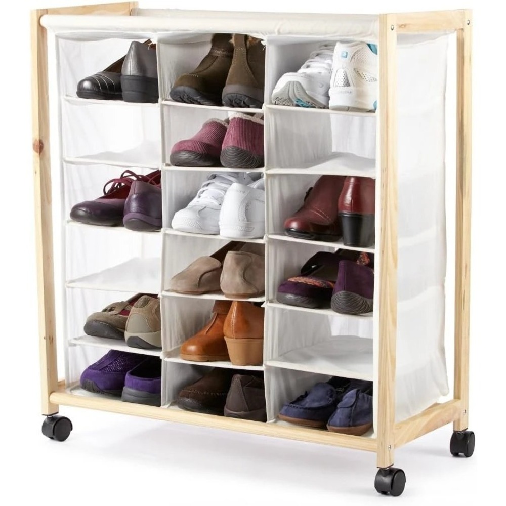 18 Pocket Rolling Shoe Bin Rack Storage Shelf Cotton & Wood Construction Wheeled